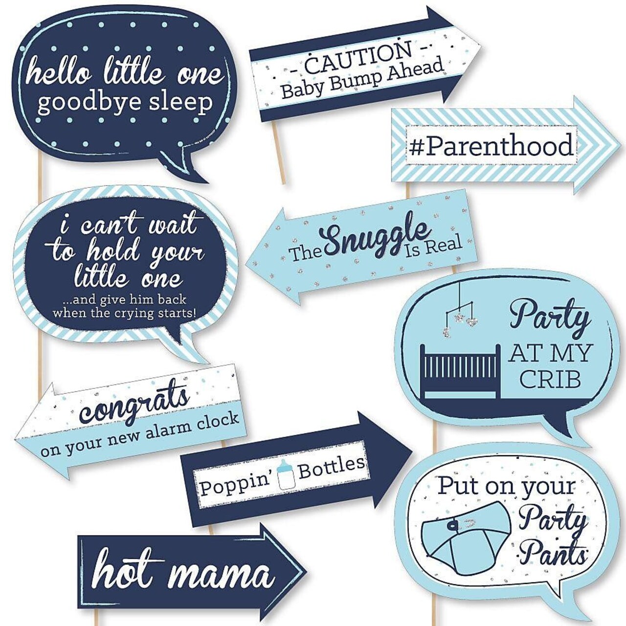 Big Dot of Happiness Funny Blue and Silver - Hello Little One - Boy Baby Shower Photo Booth Props Kit - 10 Piece